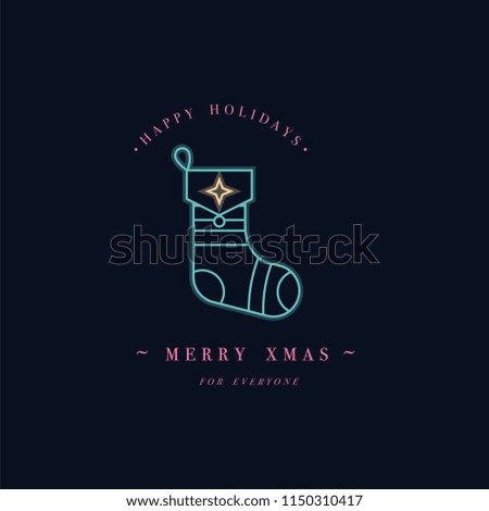 Lovely Merry Xmas concept linear neon design with Christmas sock. Greeting typography compositions Xmas cards, banners or posters and other printables