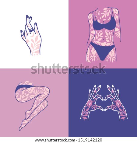 Girl power set icons. Fashion symbol with female tattooed hands and body, legs. Woman right