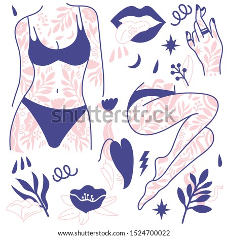 Girl power set icons. Fashion symbol with female tattooed hands and body, legs. Woman right