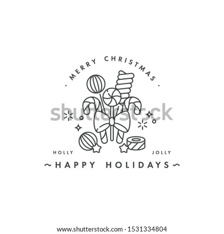 Lovely Merry Xmas concept linear design with christmas candy. Greeting typography compositions Xmas cards, banners or posters and other printables