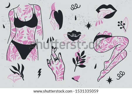 Girl power set icons. Fashion symbol with female tattooed hands and body, legs. Woman right