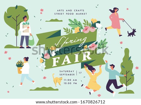 Vector spring fair poster, flyer or banner or banner template with people enjoying their time outdoors in park. Spring holiday season recreation and public event
