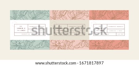 Vector set pattens for cosmetics with label template design. Patterns or wrapping paper for package and beauty salons. Magnolia flowers. Organic, natural cosmetic
