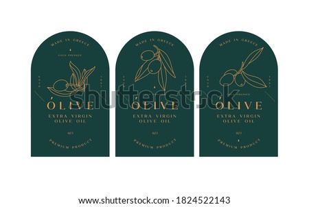 Vector set labels with olive branch - simple linear style. Emblems composition with olives and typography