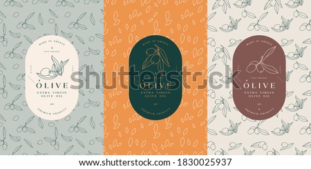 Vector set labels with olive branch - simple linear style. Emblems composition with olives and typography. Seamless pattern