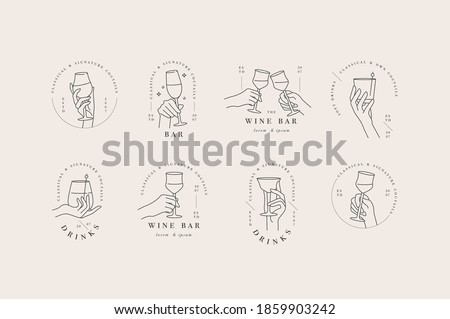 Vector design linear template logos or emblems - hands in different gestures glass of drink. Abstract symbol for cafe or bar