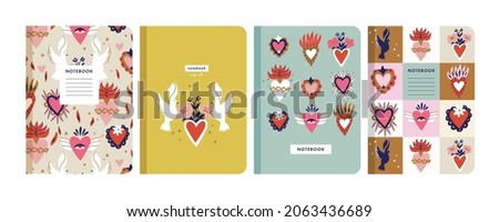 Vector illustartion templates cover pages for notebooks, planners, brochures, books, catalogs. Bbackground traditional sacred mexican hearts. Stockfoto © 