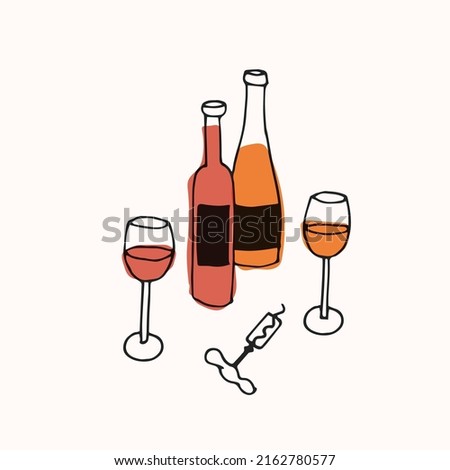 Vector trendy illustration - wine set with bottle of wine, glasses and corkscrew