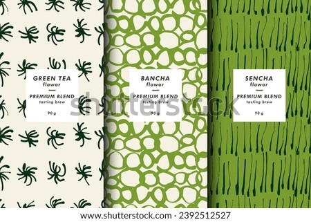 Vector illustration set of templates contemporary abstract cover and patterns for green tea packaging with labels. Minimal modern backgrounds