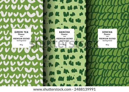 Vector illustration set of templates contemporary abstract cover and patterns for matcha tea packaging with labels. Minimal modern backgrounds