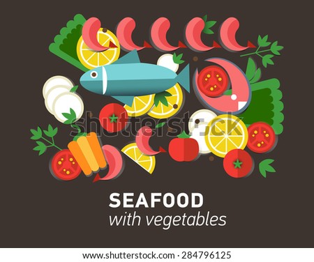 Seafood design set. Infographic food business seafood flat lay idea. Vector illustration hipster concept can be used for layout, advertising and web design. Seafood menu for restaurant. Background