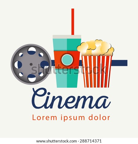 Popcorn bowl, film strip and ticket. Cinema attributes. Detailed vector illustration. Good time