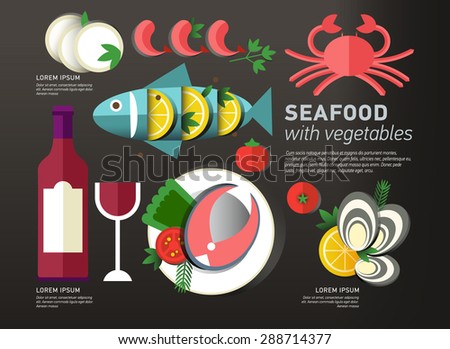 Seafood design set. Infographic food business seafood flat lay idea. Vector illustration hipster concept can be used for layout, advertising and web design. Seafood menu for restaurant.Infographics