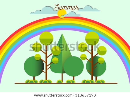 Summer landscape with trees, grass, sunny weather, rainbow Nature. Outdoor, green park, garden, environment.