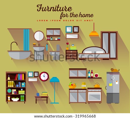 Furniture set for rooms of house. Kitchen, living room, bathroom, bedroom. Interior rooms.