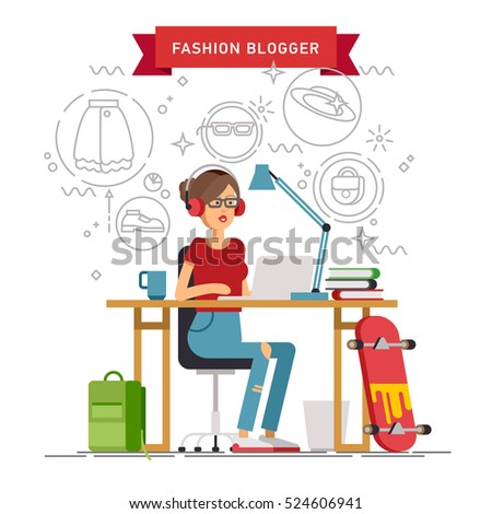 Creative work concept vector background with young adult woman working fashion blogger behind her desk listening music wearing headphones with creative process icons on background.