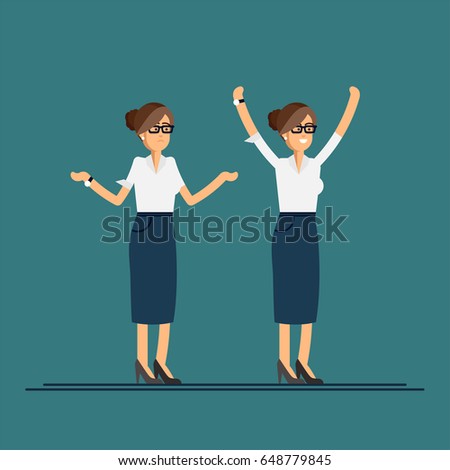 Vector flatt illustration of character in good and bad mood. Business woman showing happy and sad feeling emotions