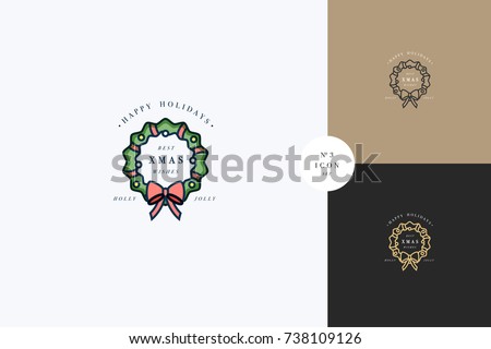 Lovely Merry Xmas concept flat design with green wreath decorated with red ribbon and golden globes. Typical Advent or Christmas household ornament design element with sample text on white background