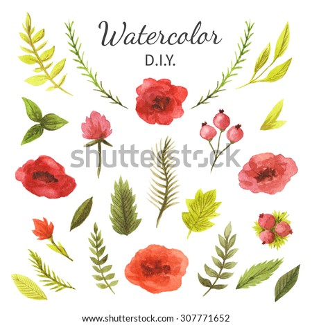 Set of hand painted watercolor flowers, leaves and branches. Isolated objects on a white background