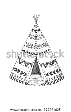 Illustration of the North American Indian tipi home with tribal ornament hand drawn with ink. Front view. Authentic tepee wigwam perfect for card making or wedding invitation.