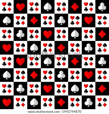 Square chess poker seamless pattern with card suits: clubs, hearts, diamonds, spades.