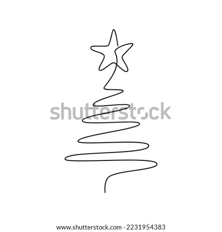 Christmas tree star vector one line continuous illustration. Winter holiday freehand drawing. Hand drawn linear icon. Festive design for print, banner, poster, postcard, New Year greeting card.
