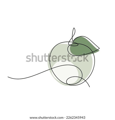 Green apple with leaf vector. Line continuous hand drawn illustration. Garden fruit outline icon, abstract linear silhouette. Minimal design, print, banner, card, brochure, logo, menu.