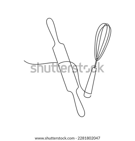 Whisk and rolling pin kitchen utensils vector one line continuous drawing illustration. Hand drawn linear cooking icon. Minimal outline design element, print, card, brochure, poster, menu, logo.