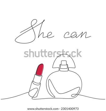 Line continuous perfume bottle and red lipstick  icon. Fragrance vector. Text She Can. Handwritten slogan, quote, phrase. Design element, graphic print, banner, card, wall art, logo, brochure, poster.