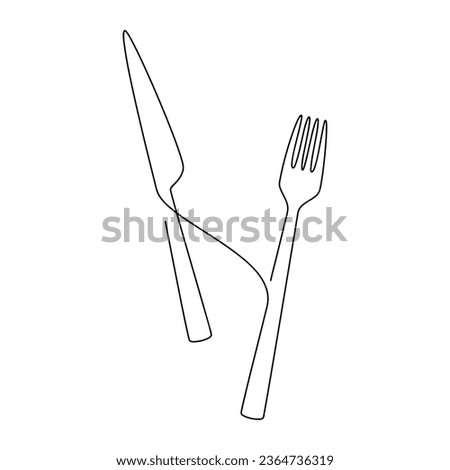 Knife and fork icon vector. One line continuous drawing. Hand drawn linear silhouette. Minimal illustration, outline print, graphic design, banner, card, brochure, poster, menu, logo, sign, symbol.
