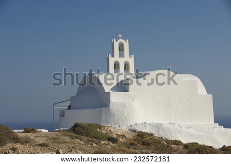 Exterior of the beautiful small church on the hill near Akrotiri, Santorini, Greece.