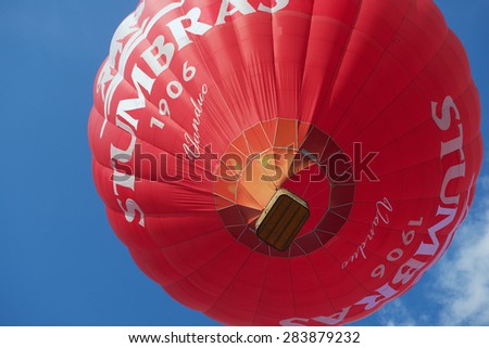VILNIUS, LITHUANIA - MAY 05, 2015: Unidentified people fly with the hot air balloon in Vilnius, Lithuania.