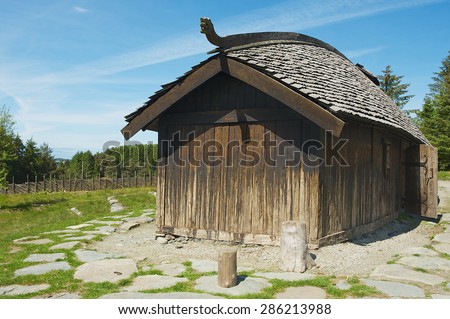 KAMROY, NORWAY - JUNE 05, 2010: Exterior of the reconstructed traditional Viking house in Kamroy, Norway.