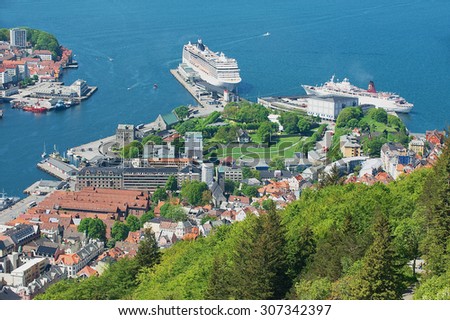 BERGEN, NORWAY - JUNE 06, 2010: View to the cruise ships harbor from Floyen hill in Bergen, Norway.