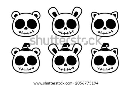 Kawaii Skull, Cat Skull, Bunny Skull, Bear Skull, Halloween, Vector illustration. 