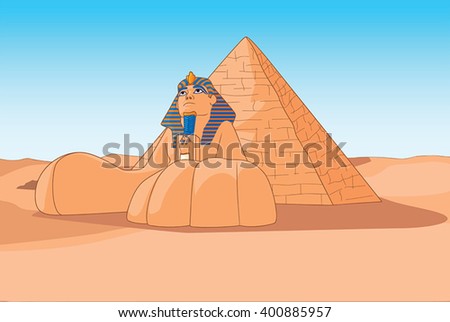 Character Cartoon The Sphinx and Pyramids Egypt Landscape. Vector illustration