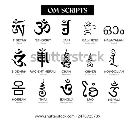 Aum,Om letter writes in different scripts and languages brahmi script family, talisman, spell, charm ink, black and white isolated on white background	
