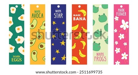 Colorful cartoon, doodle illustration and creative set of bookmarks for bookmarking, illustrate template	
