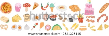 Crayon coloring pencil food set stickers, icon. Black line art, symbol, silhouette, crayon, pencil texture kid, childlike drawing, tempura, fish, ice cream, pizza, taco, burrito, boiled egg, fast food