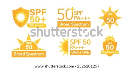 Sunscreen information, 50 SPF UVA and UVB, PA++++, broad spectrum with yellow sun logo icon, editable vector isolated from background set. simple and informative