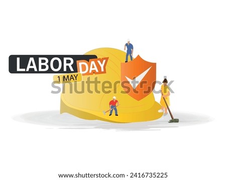 May 1, Labor Day, text around a security case and several workers on a white background.