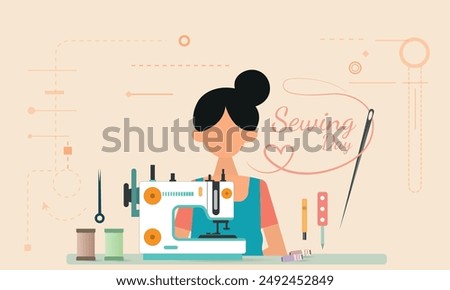 Illustration of a woman with a bun hairstyle behind a sewing machine, celebrating Sewing Day. The design includes sewing tools like thread spools, a needle, and a thread cutter