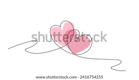 Two hearts, continuous one line drawing. Valentine's Day concept. Hearts pair trendy minimalist illustration.Black, white, pink colors. Minimalist outline art. Vector