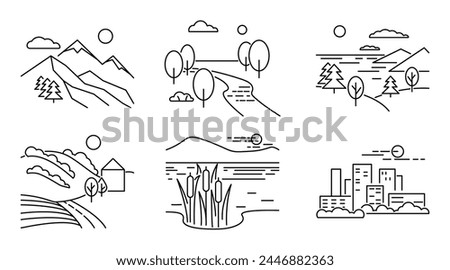 Set of landscape icons. Black lines. Linear image. Mountains, rivers, forest, city. Vector