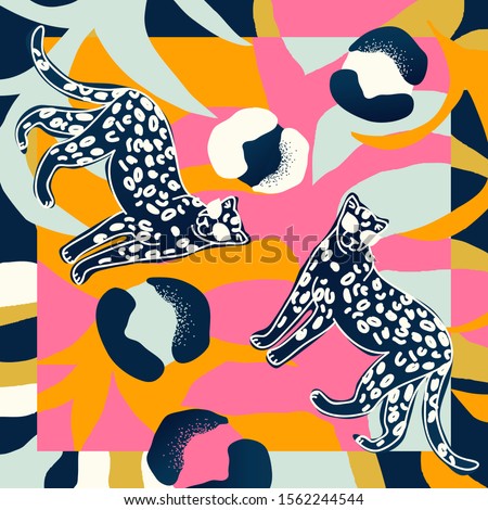 Silk scarf design. Creative contemporary collage with leopards. Fashionable template for design.