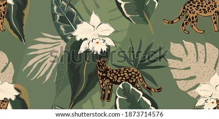 Hand drawn abstract jungle pattern with leopards. Creative collage contemporary seamless pattern. Natural colors. Fashionable template for design.