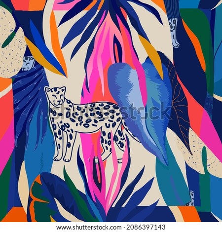 Silk scarf design. Creative contemporary collage with leopard and tropical plants. Fashionable template for design.