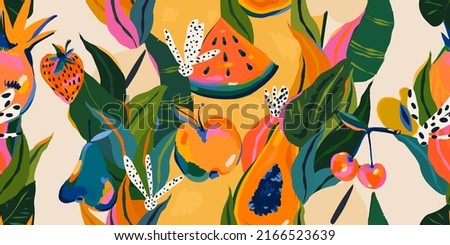 Hand drawn abstract cute fruits and flowers pattern. Collage playful contemporary print. Fashionable template for design.