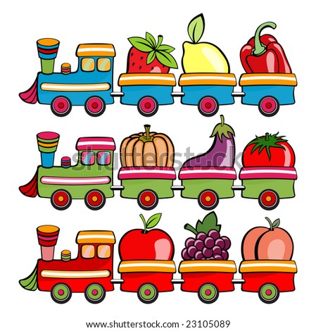 Vector illustration of funny cartoon train, moving  the fruits and vegetables