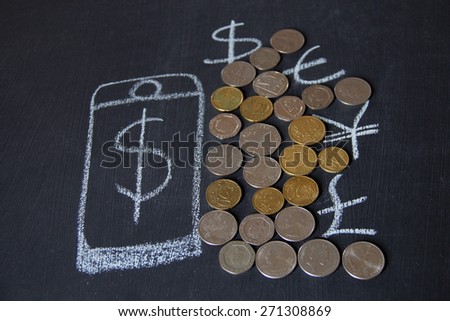 Hand drawing of a mobile phone with financial concept. Speech bubble drawing with chalk on blackboard. Different foreign currencies are designed.